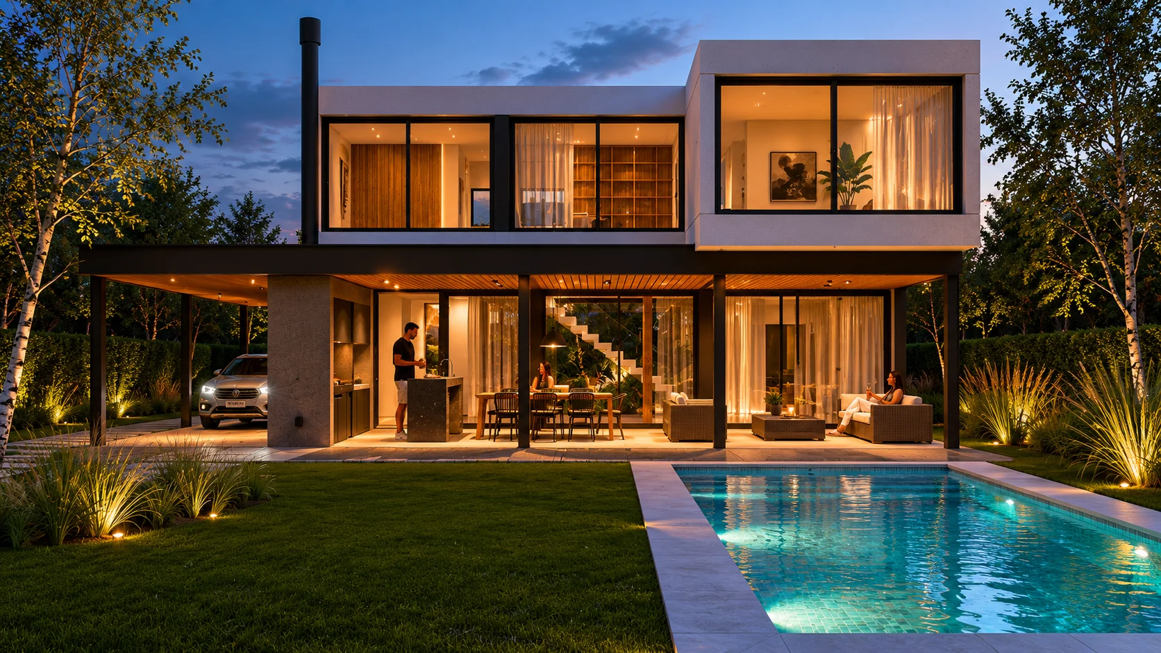 Vivienda moderna con pileta iluminada al atardecer, diseñada por Estudio Martini
