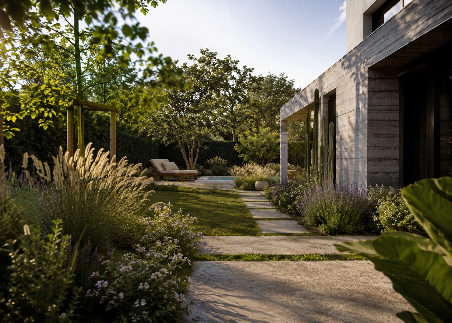 Jardín y pérgola de una vivienda proyectada por Estudio Martini