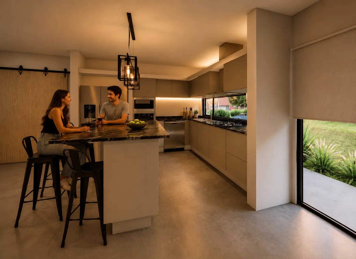 Diseño de interiores de living con iluminación y materiales — Estudio Martini