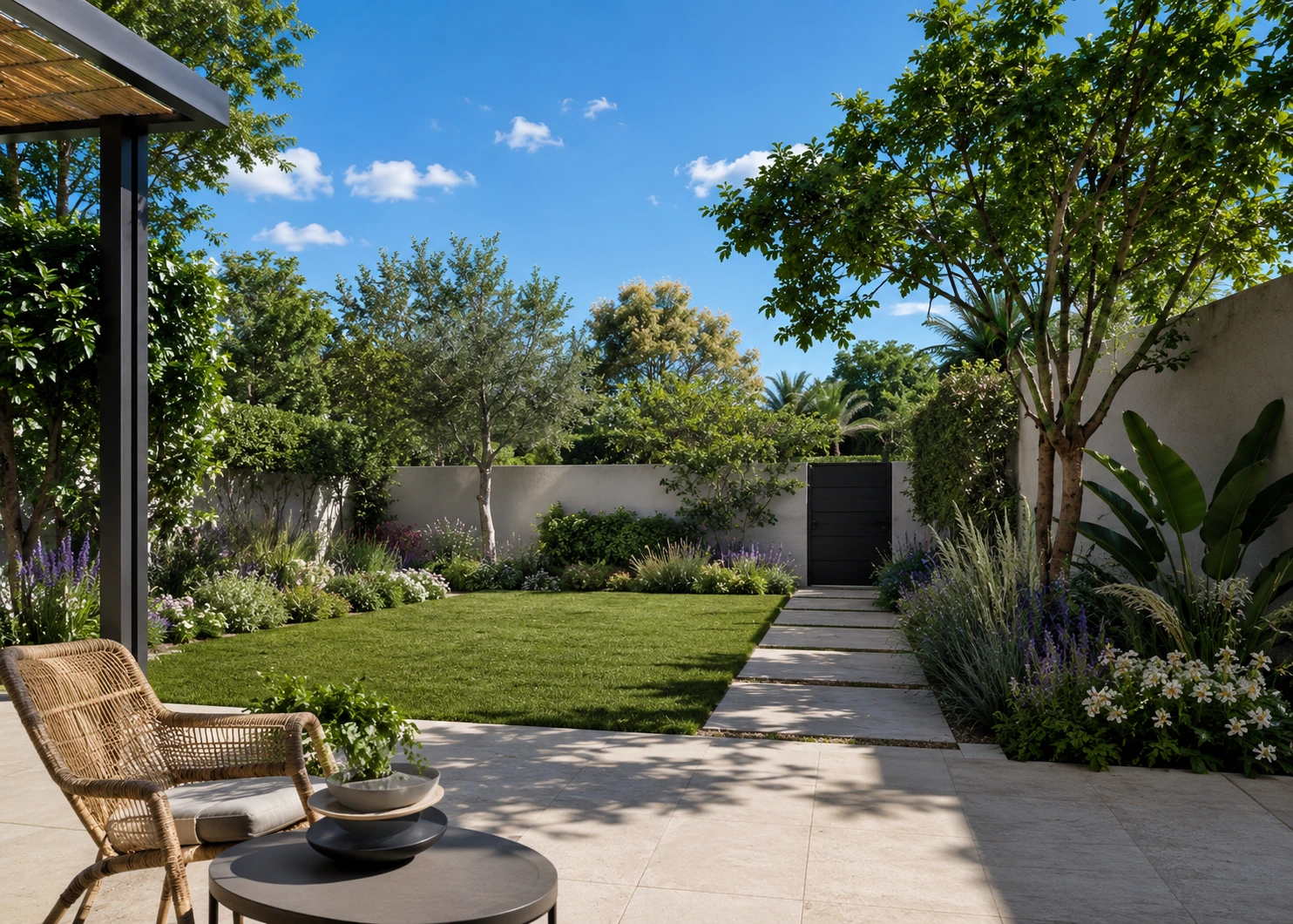Jardín exterior con iluminación de paisajismo — Estudio Martini