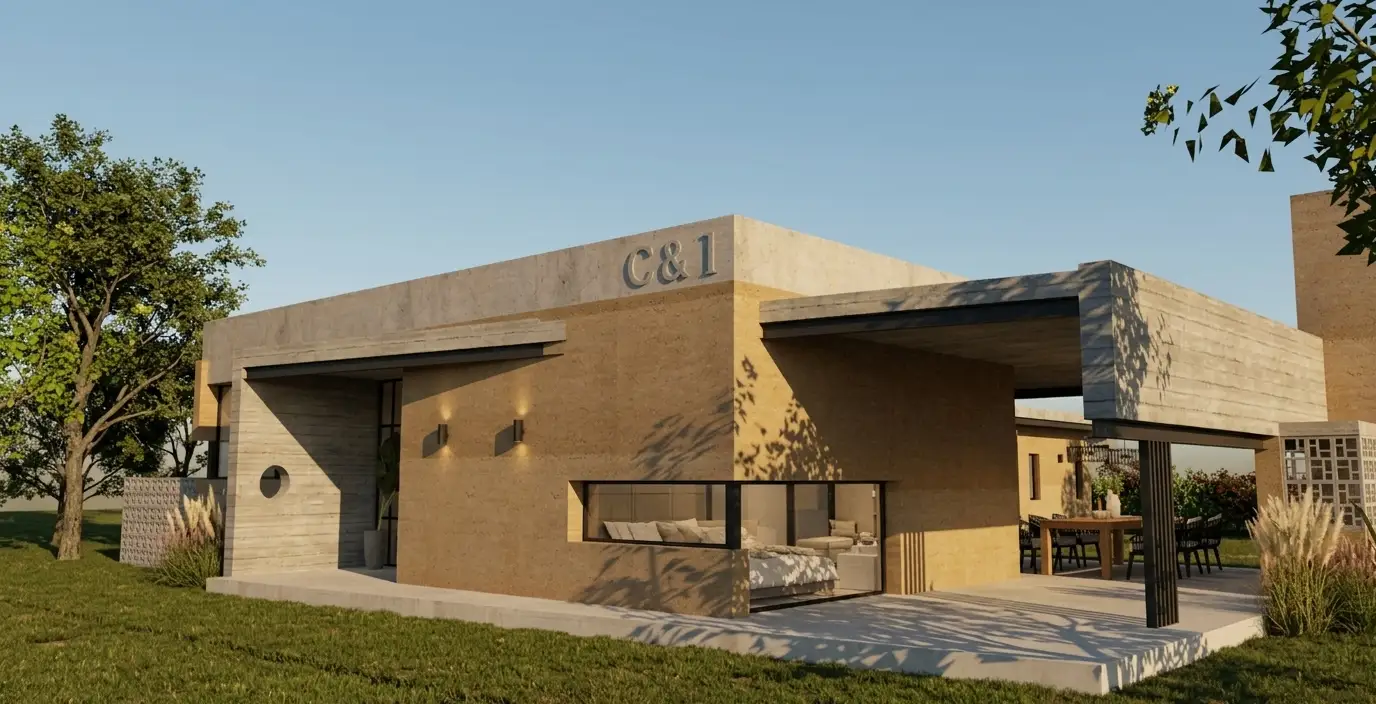 Casa CI Tandil — render 3D de fachada con revestimiento en piedra