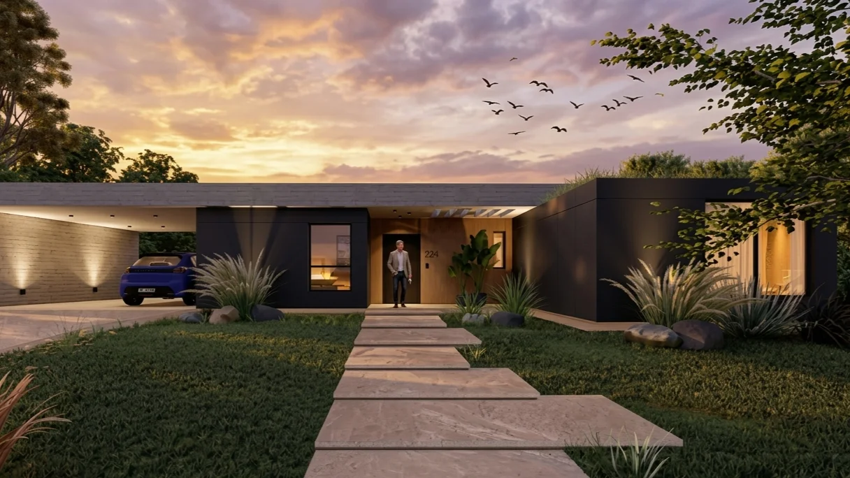Casa Lucrecia Pilar — render 3D fotorrealista al atardecer