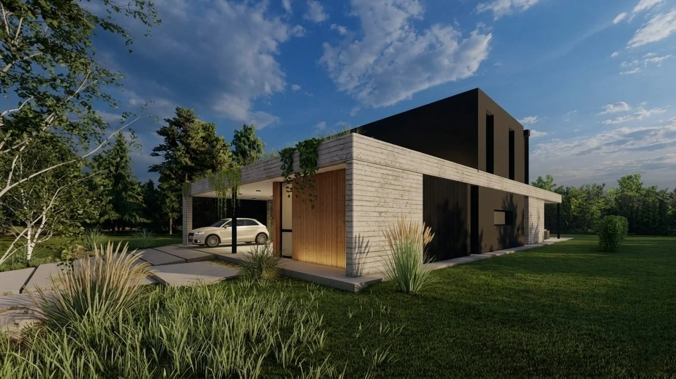 El Naudir Escobar — render 3D de fachada frontal con cochera