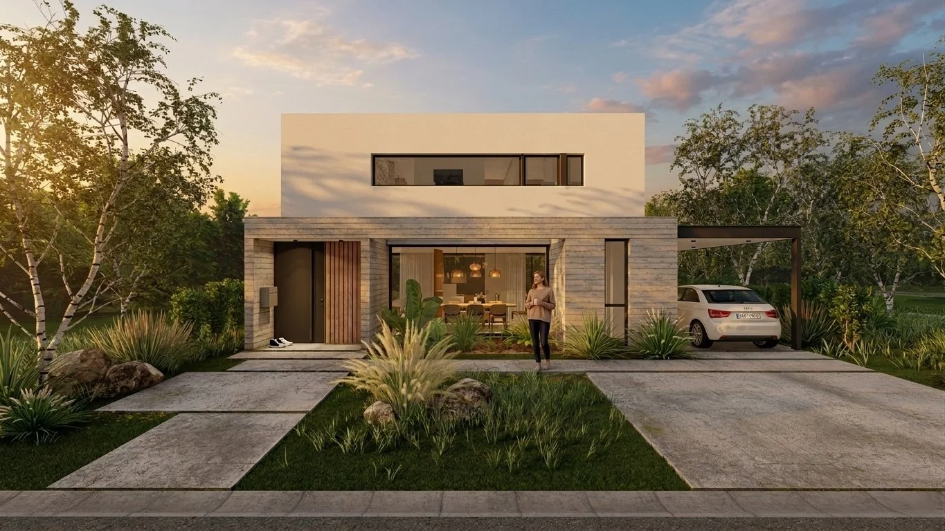 Paraísos 78 — render 3D de fachada frontal al atardecer